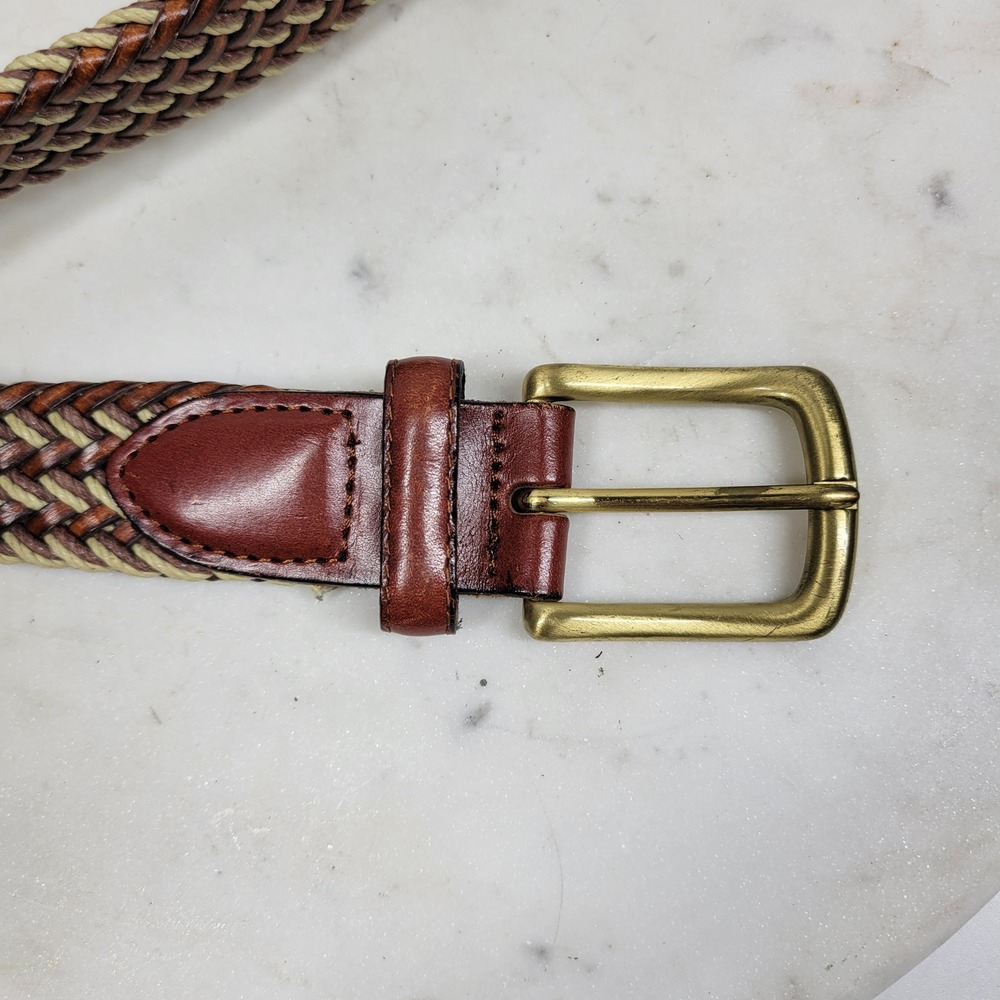 Arden Preppy Braided Leather Belt Size 36 Brown Tan Stretch Woven Brass Buckle - Picture 10 of 13